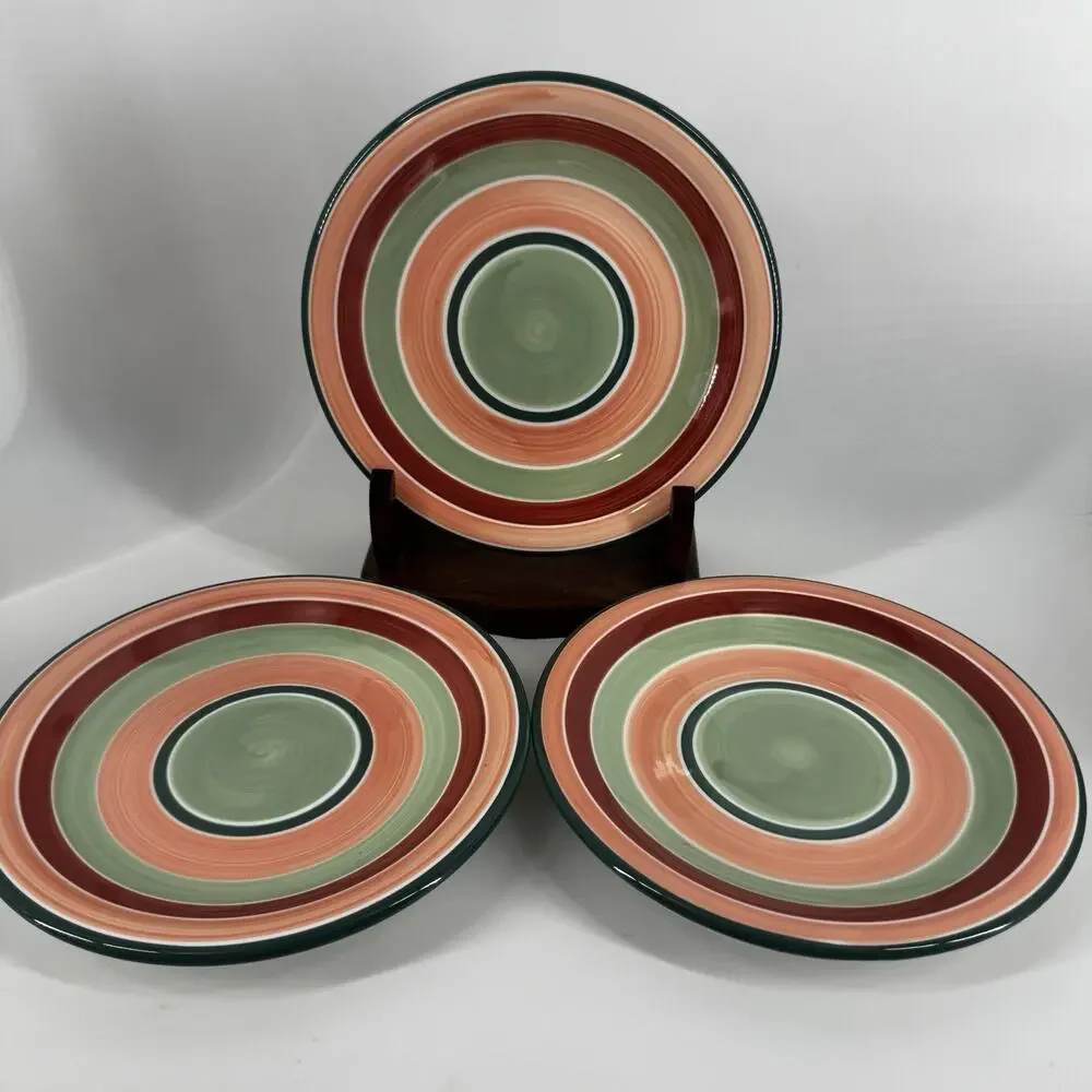 Pier 1 Green Coral Rust Bands Dessert/Salad Plates SET OF 3 Hand Painted ITALY